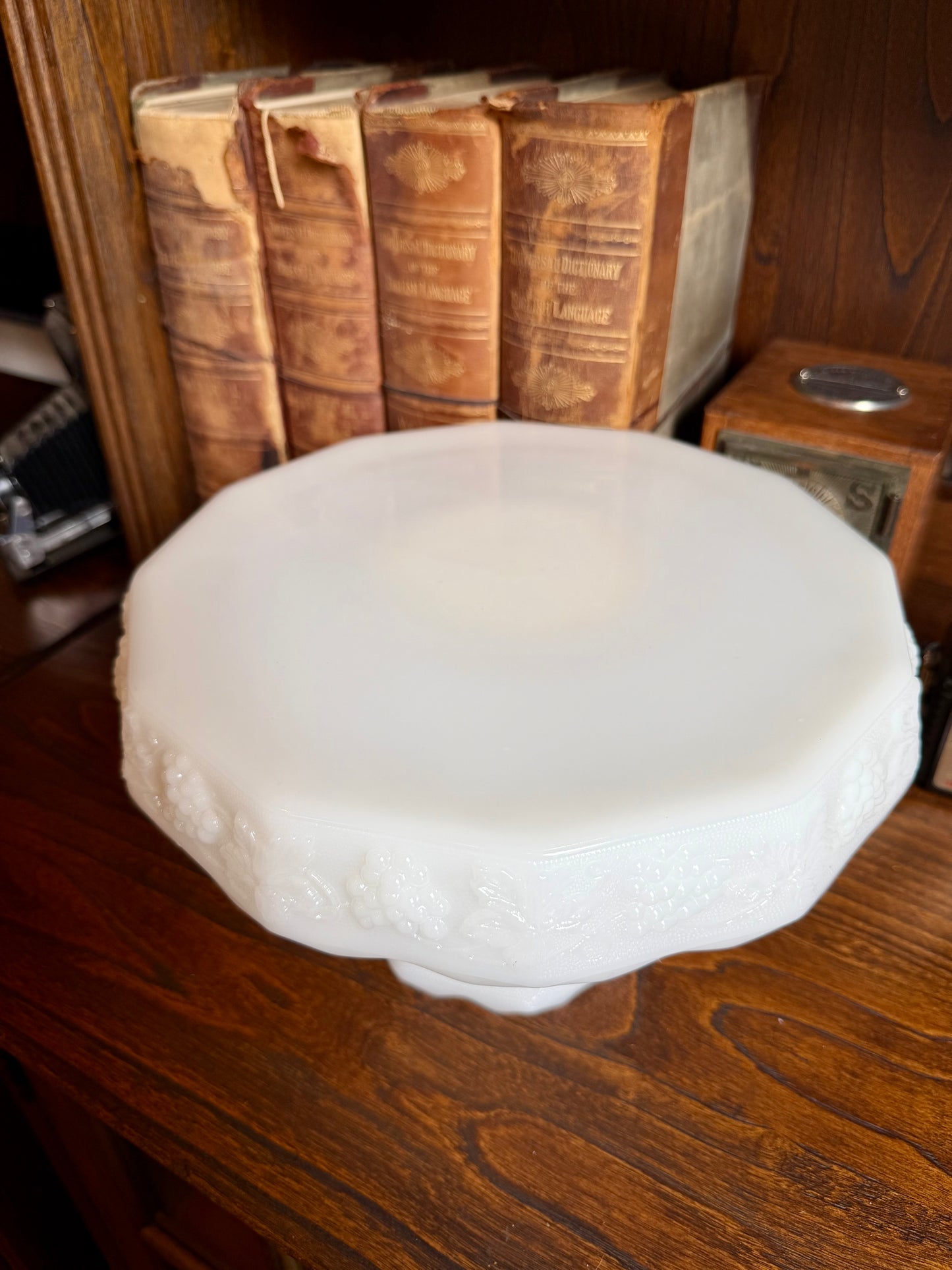 Vintage Anchor Hocking Milk Glass Cake Stand w/ Harvest Grape Pattern