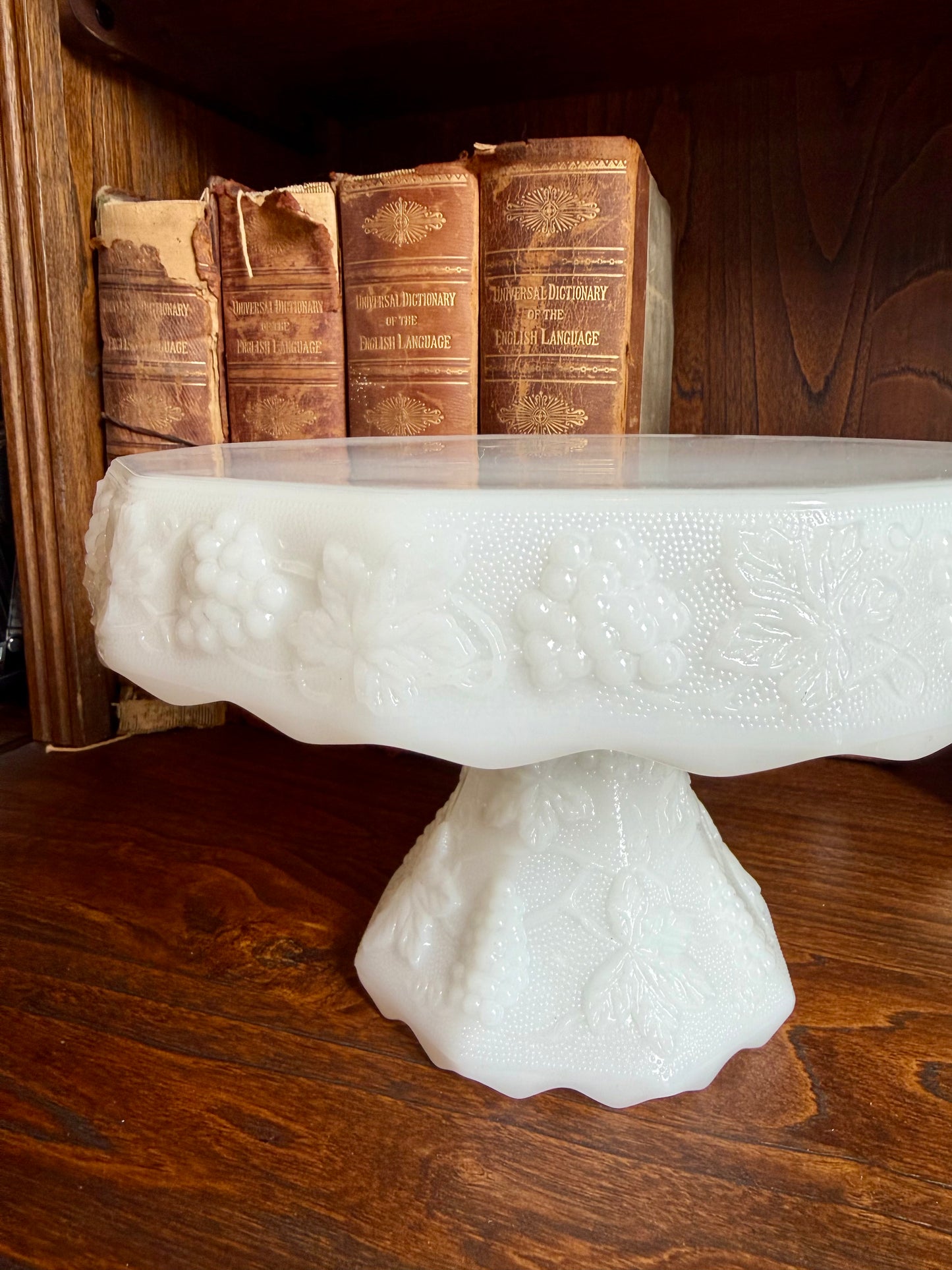 Vintage Anchor Hocking Milk Glass Cake Stand w/ Harvest Grape Pattern