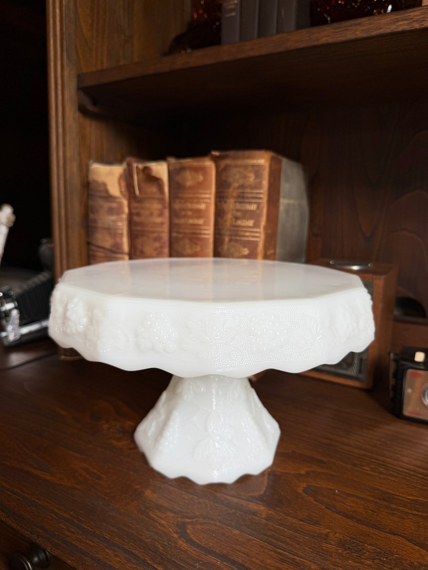 Vintage Anchor Hocking Milk Glass Cake Stand w/ Harvest Grape Pattern
