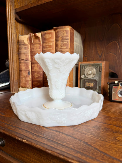 Vintage Anchor Hocking Milk Glass Cake Stand w/ Harvest Grape Pattern