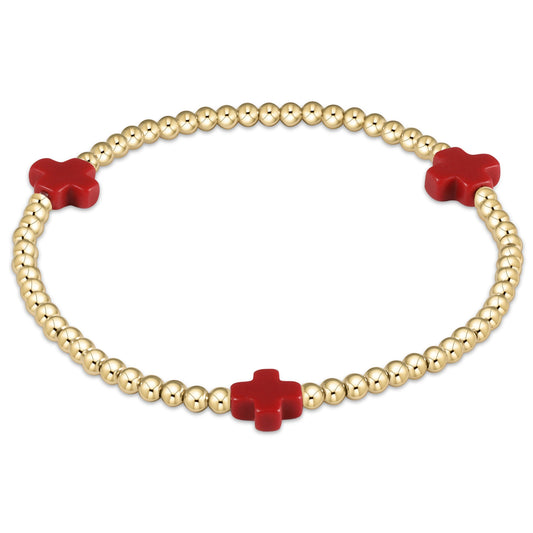 enewton Signature Cross 3mm Gold Beaded Bracelet in Red shown flat on a plain white background