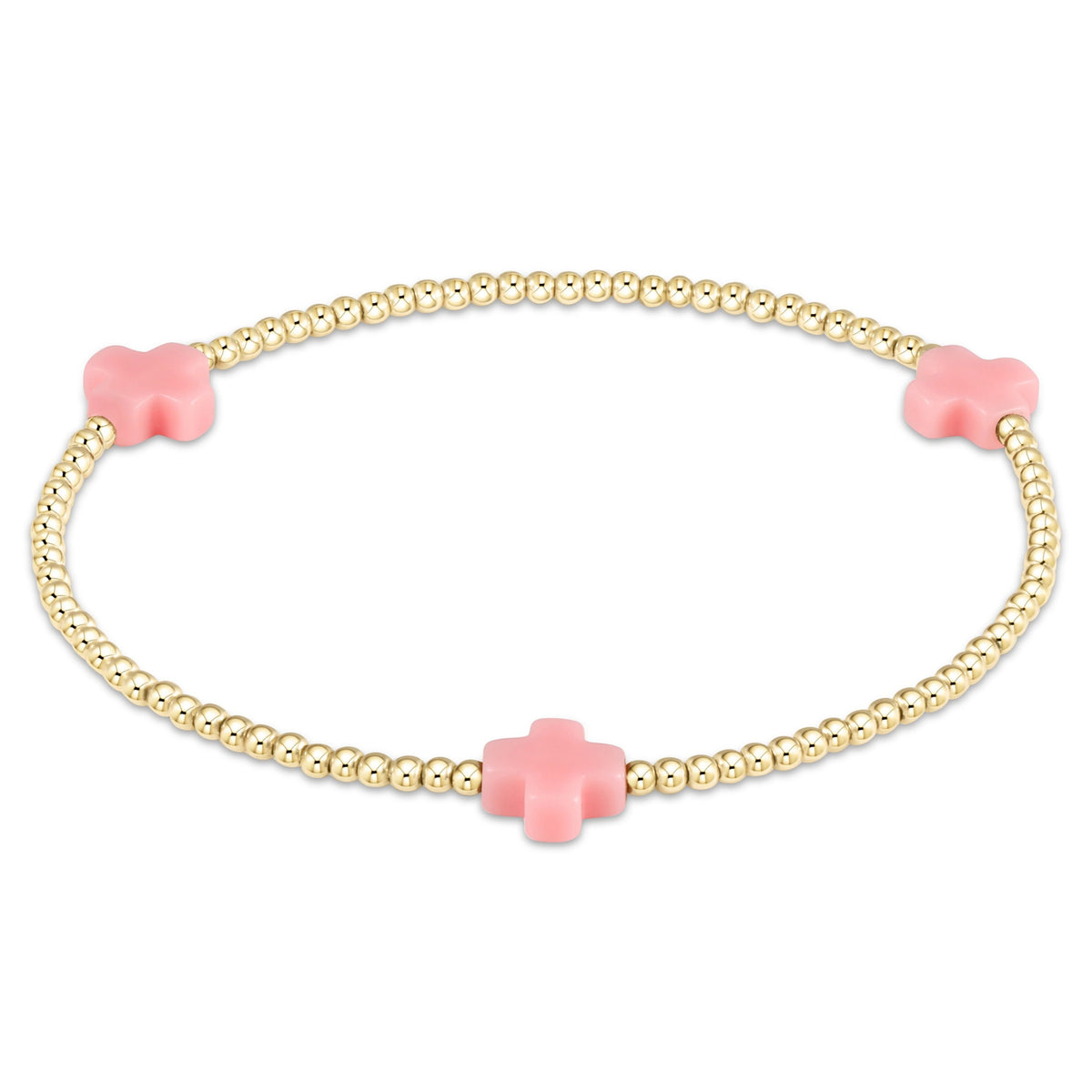 enewton Signature Cross 2mm Gold Beaded Bracelet in Pink shown flat on a plain white background