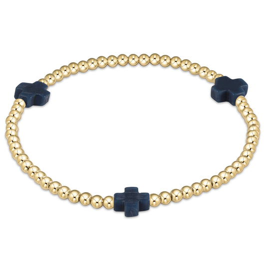 enewton Signature Cross 3mm Gold Beaded Bracelet in Navy shown flat on a plain white background