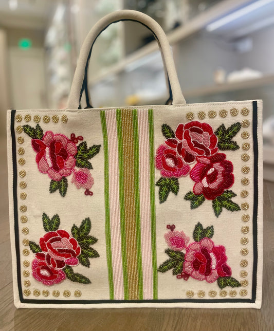 Western Red/Pink Roses W/ Green/Pink Stripe & Gold Dots Large Beaded Tote