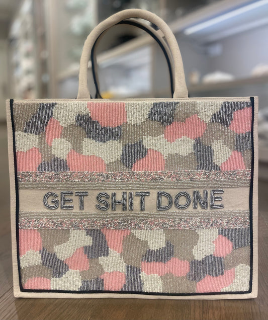 Pink/Grey Camo Large Beaded Tote