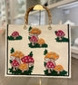 Raised Mushroom Large Beaded Tote W/ Bamboo Handles