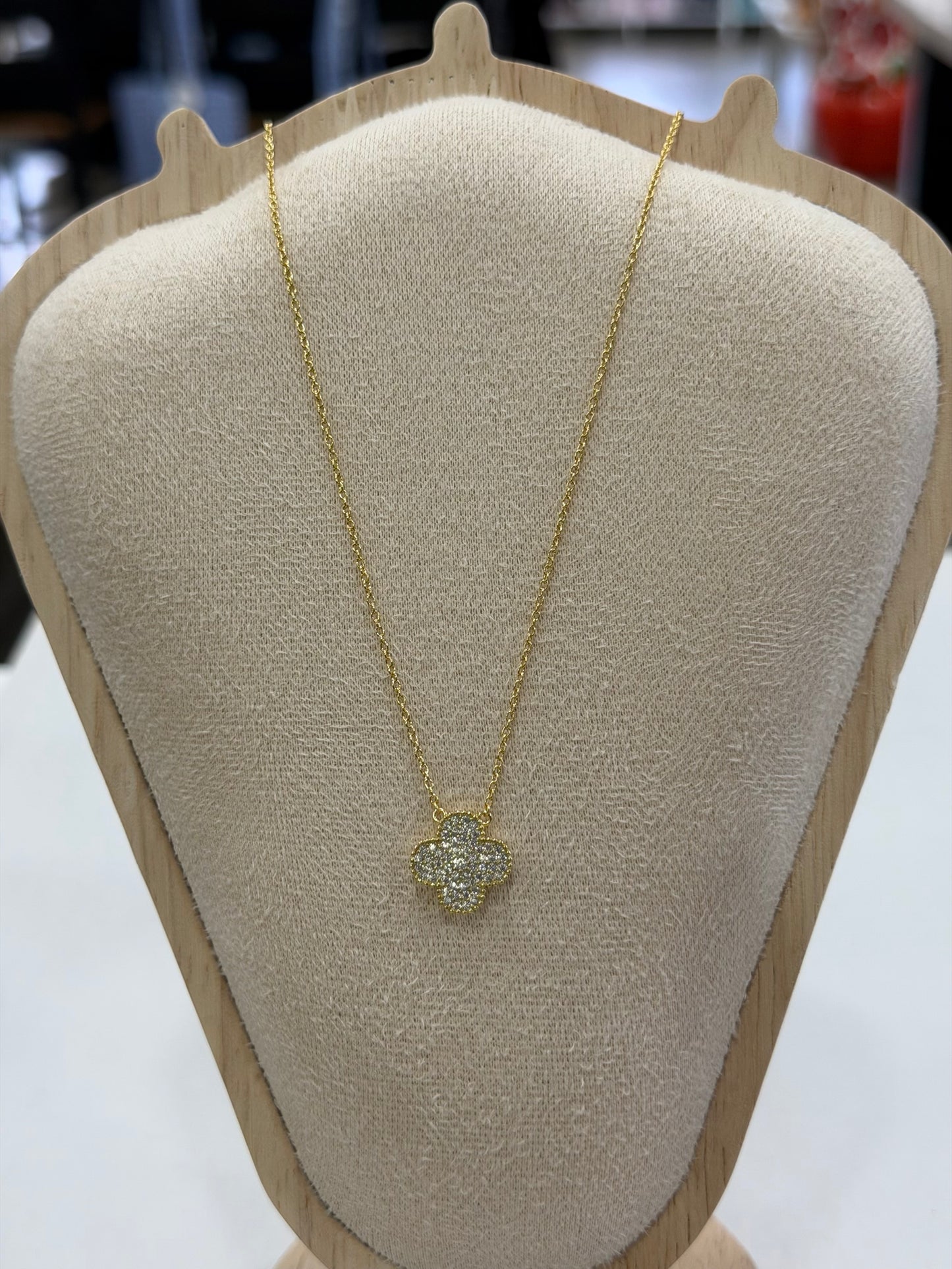 Gold Pave Small Clover Necklace