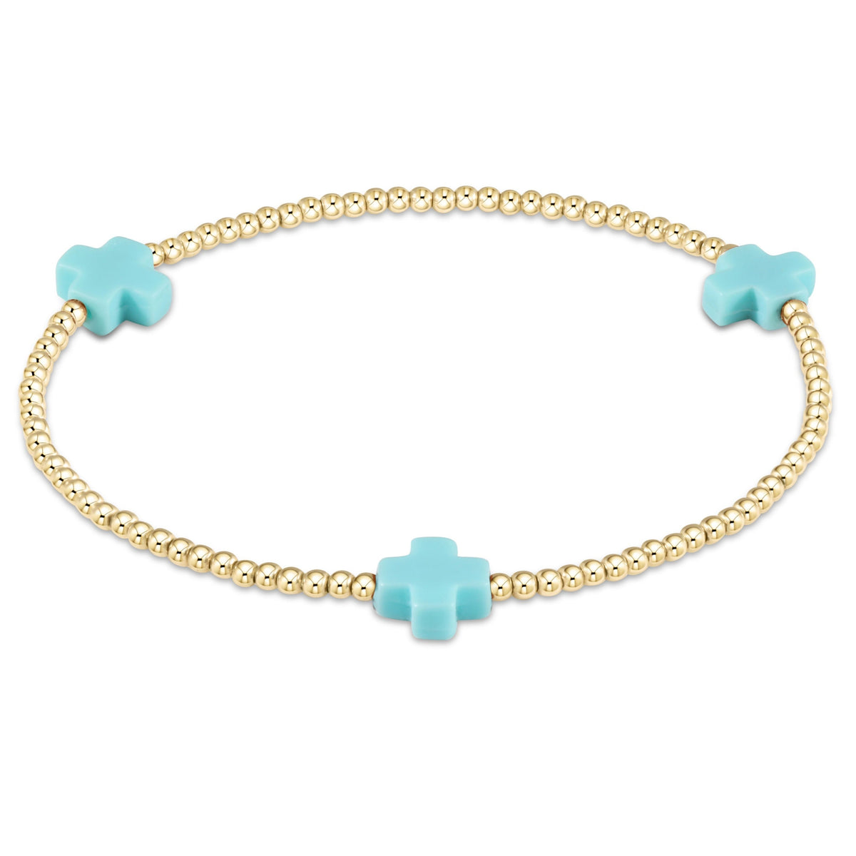 enewton Signature Cross 2mm Gold Beaded Bracelet in Turquoise shown flat on a plain white background