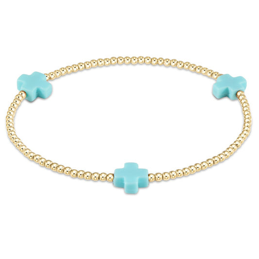enewton Signature Cross 2mm Gold Beaded Bracelet in Turquoise shown flat on a plain white background