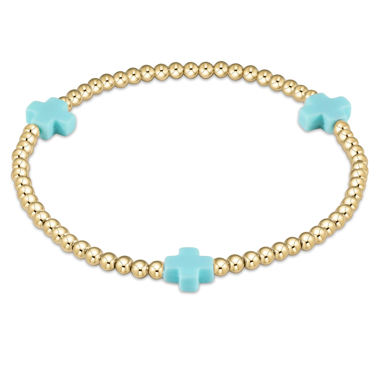 enewton Signature Cross 3mm Gold Beaded Bracelet in Turquoise shown flat on a plain white background