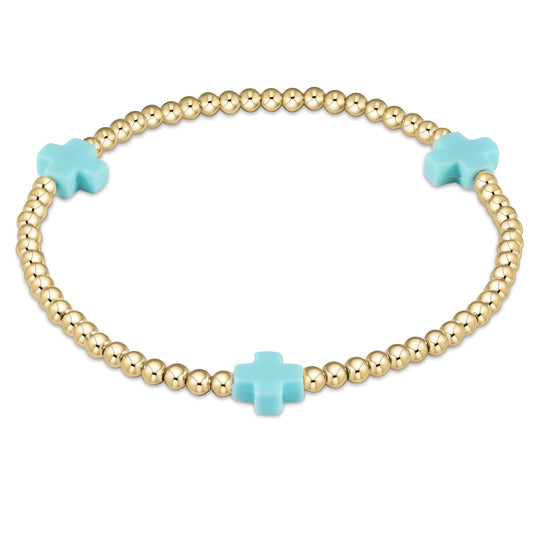 enewton Signature Cross 3mm Gold Beaded Bracelet in Turquoise shown flat on a plain white background