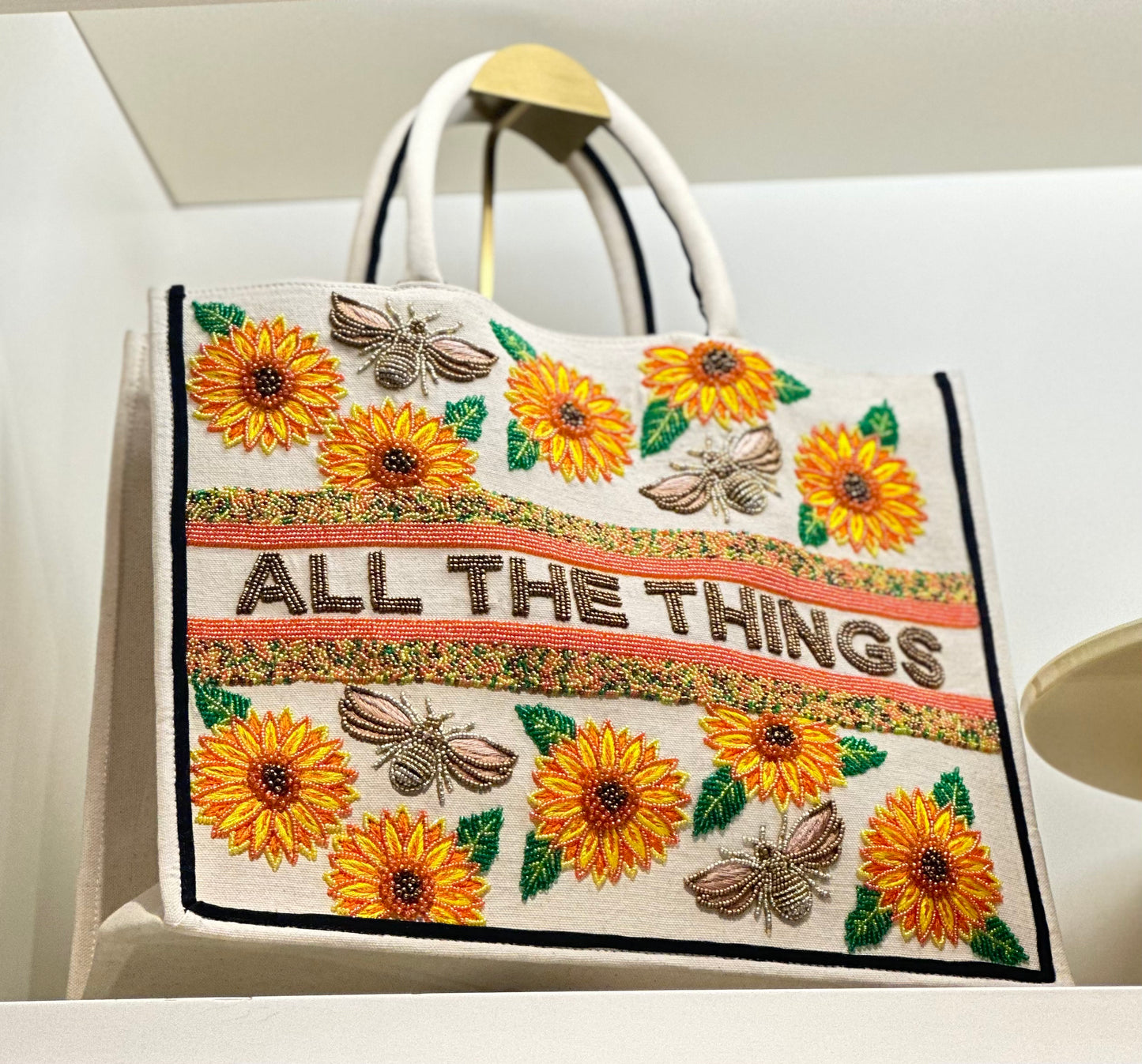 Sunflowers & Bees Large Beaded Tote