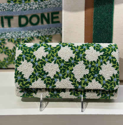 Structured Beaded Green Vine & Blue Flower Clutch