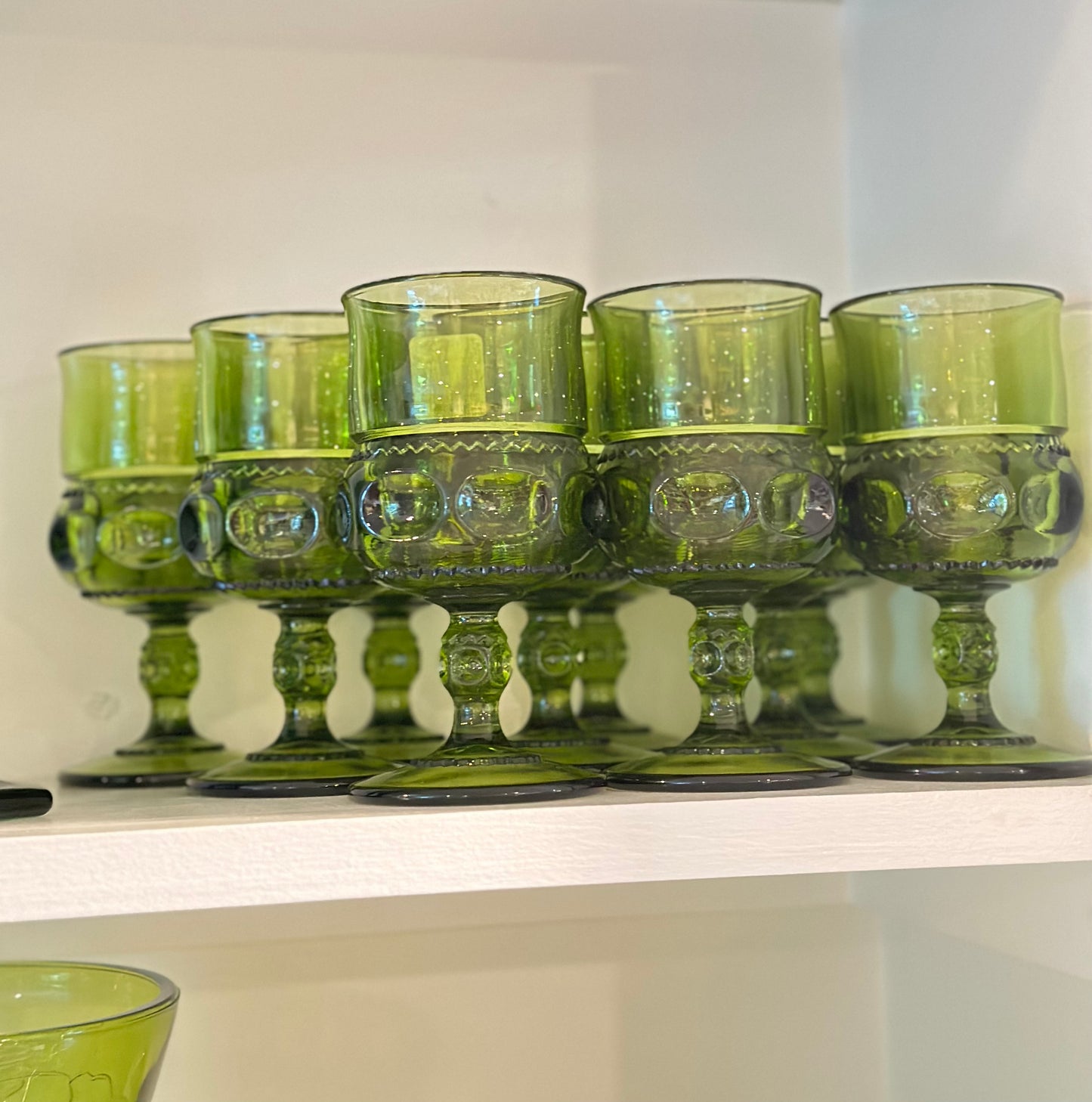 Vintage Colony Crown Thumbprint Green Goblets Indiana Glass Set of 10