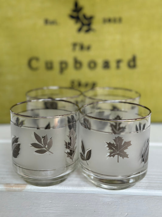 Set of 4, Vintage Libbey Small Silver Foliage/ Leaves Frosted Old Fashion Glasses