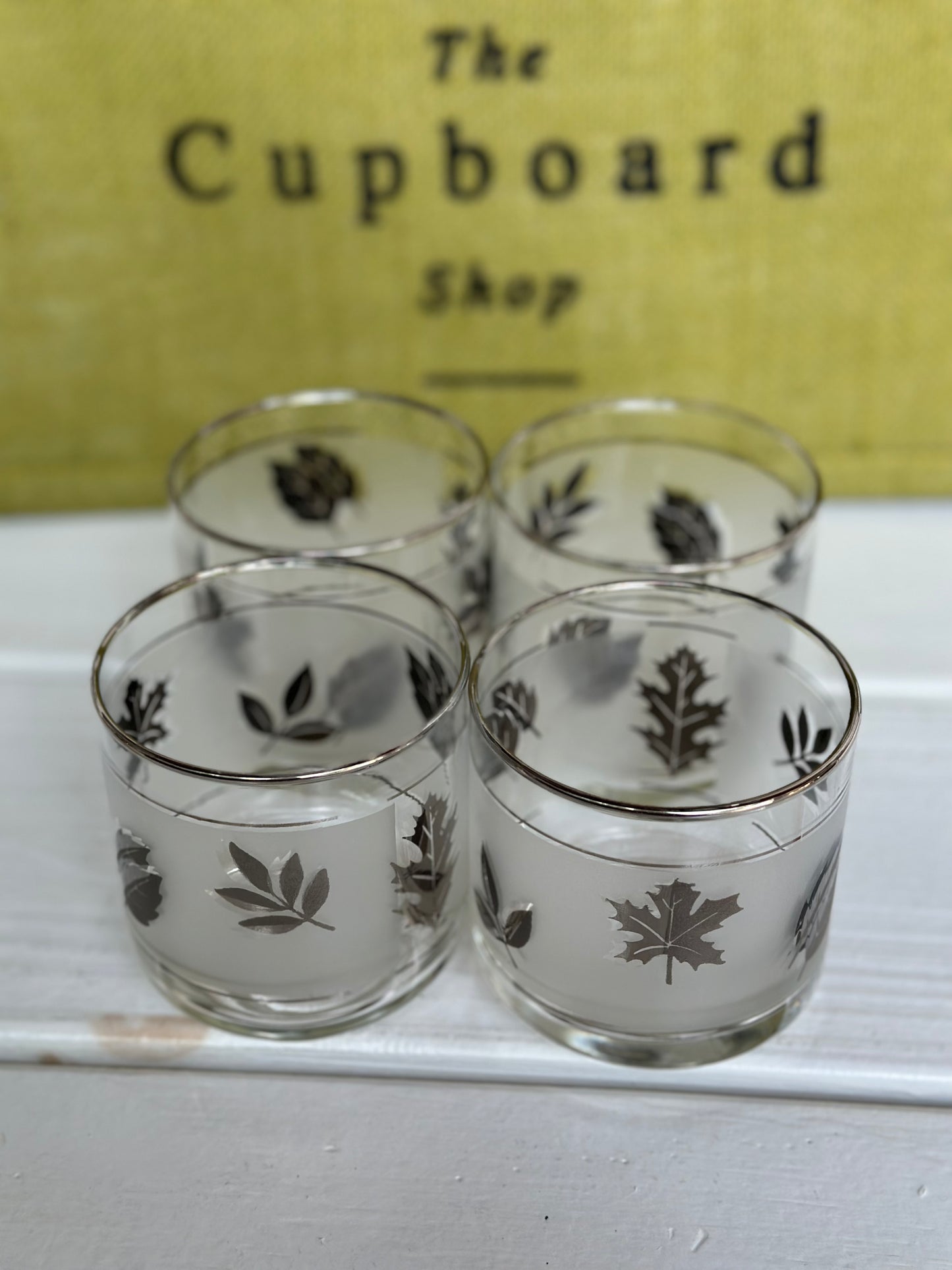 Set of 4, Vintage Libbey Small Silver Foliage/ Leaves Frosted Old Fashion Glasses