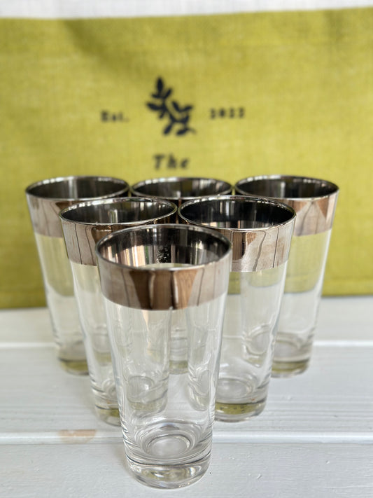 Vintage Mid Century Modern Dorothy Thorpe Style Silver Rim Highball Tumbler, Set of 6