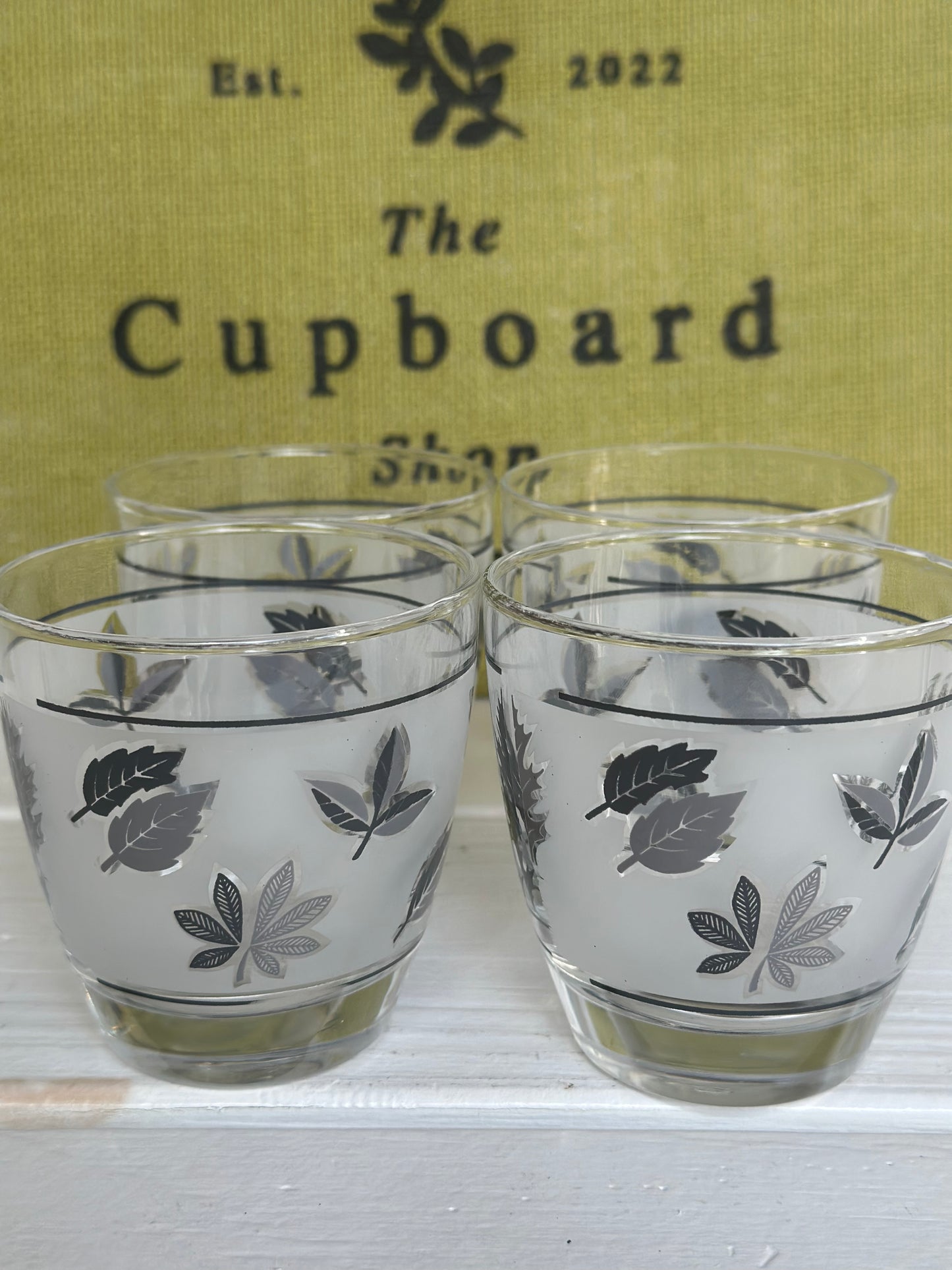 Vintage Libbey Small Silver Foliage/ Leaves Frosted Curved Bottom Old Fashion, Set of 4