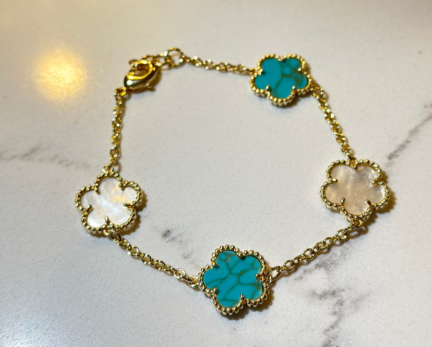 Mother of Pearl & Turquoise Gold Clover Bracelet