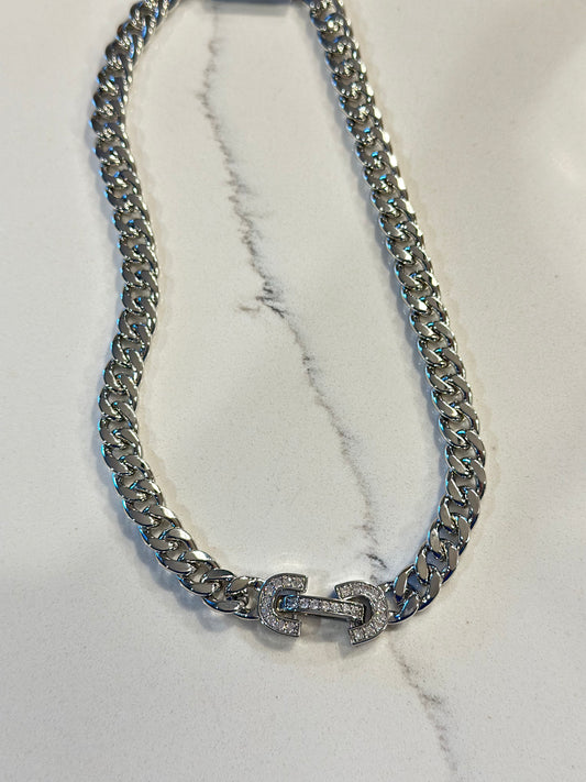 Silver Curb Link & CZ Snap Lock Necklace