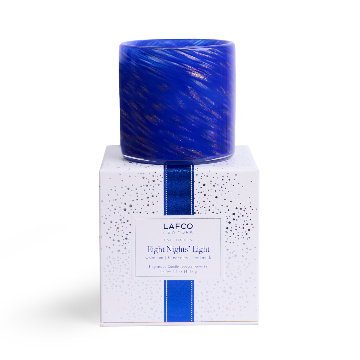 LAFCO Eight Nights' Light Classic Candle 6.5 oz - cobalt blue hand-blown glass vessel on its white LAFCO gift box