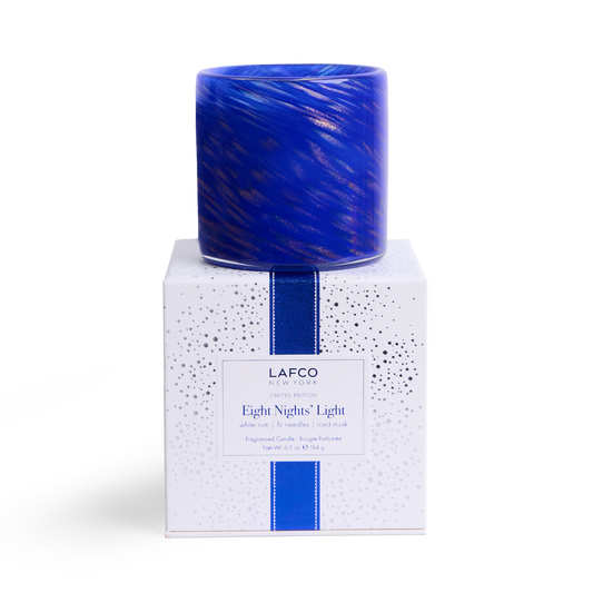 LAFCO Eight Nights' Light Classic Candle 6.5 oz - cobalt blue hand-blown glass vessel on its white LAFCO gift box