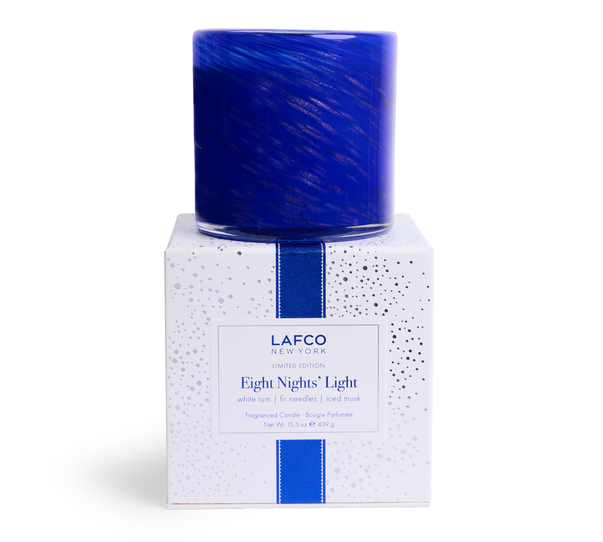 LAFCO Eight Nights' Light Signature Candle 15.5 oz - cobalt blue hand-blown glass vessel on its white LAFCO gift box