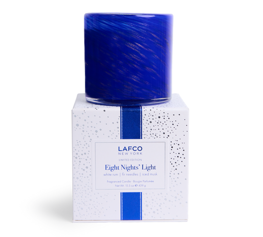 LAFCO Eight Nights' Light Signature Candle 15.5 oz - cobalt blue hand-blown glass vessel on its white LAFCO gift box