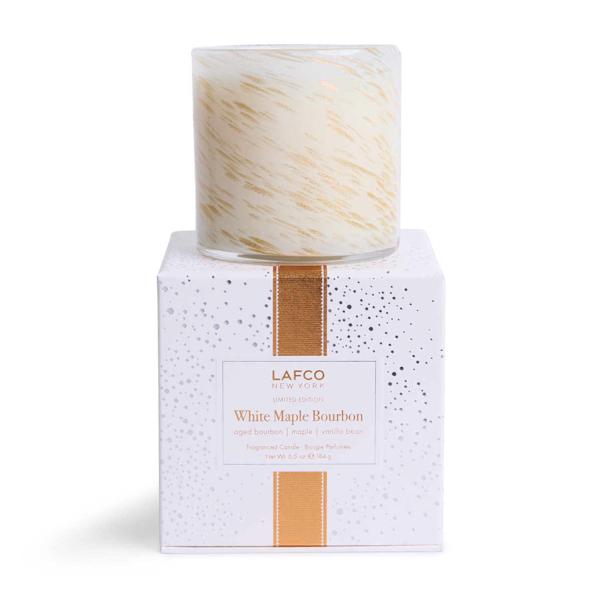 LAFCO White Maple Bourbon Classic Candle 6.5 oz - cream and gold hand-blown glass vessel on its white LAFCO gift box
