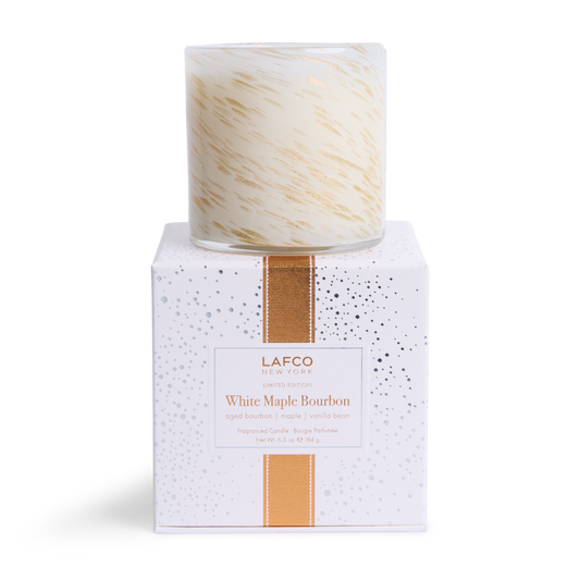 LAFCO White Maple Bourbon Classic Candle 6.5 oz - cream and gold hand-blown glass vessel on its white LAFCO gift box