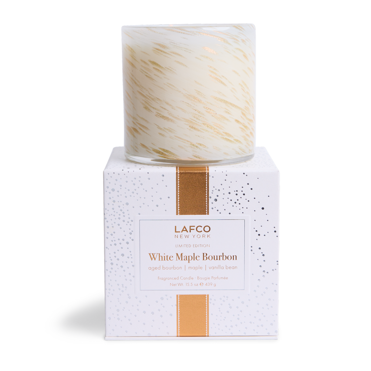 LAFCO White Maple Bourbon Signature Candle 15.5 oz - cream and gold hand-blown glass vessel on its white LAFCO gift box