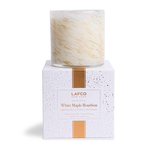 LAFCO White Maple Bourbon Signature Candle 15.5 oz - cream and gold hand-blown glass vessel on its white LAFCO gift box