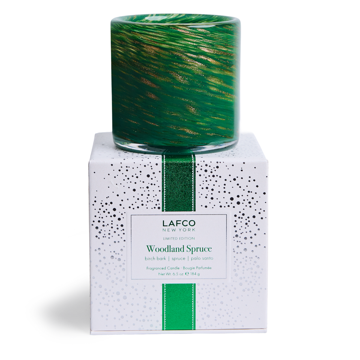 LAFCO Woodland Spruce Classic Candle 6.5 oz - green and gold hand-blown glass vessel on its white LAFCO gift box