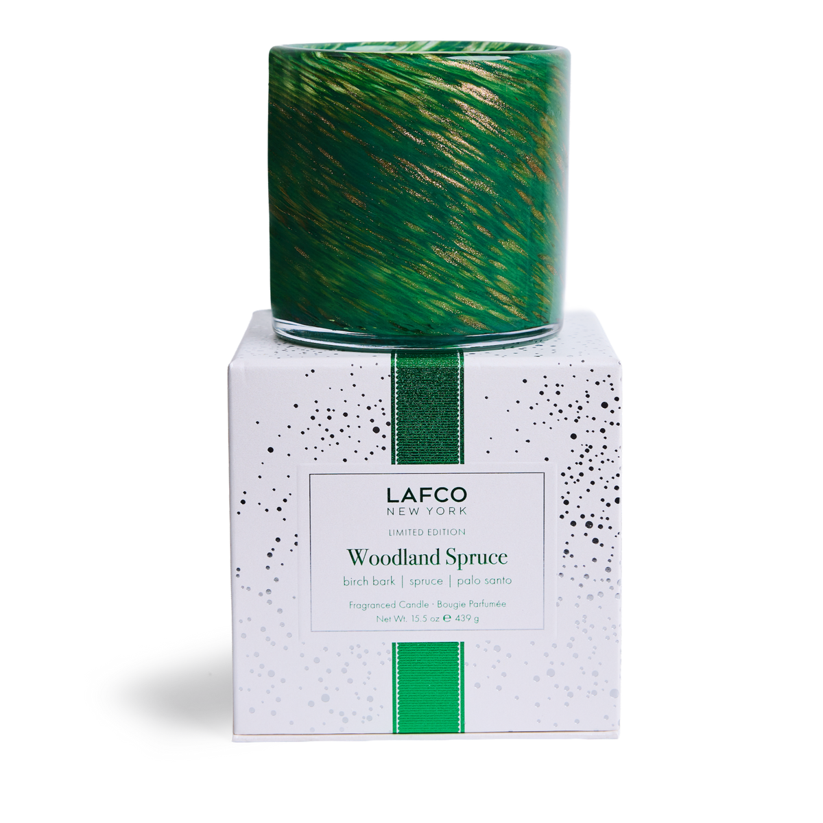LAFCO Woodland Spruce Signature Candle 15.5 oz - green and gold hand-blown glass vessel on its white LAFCO gift box
