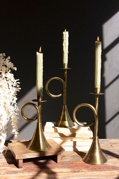 S/3 Antique Brass Trumpet Taper Candle Holders