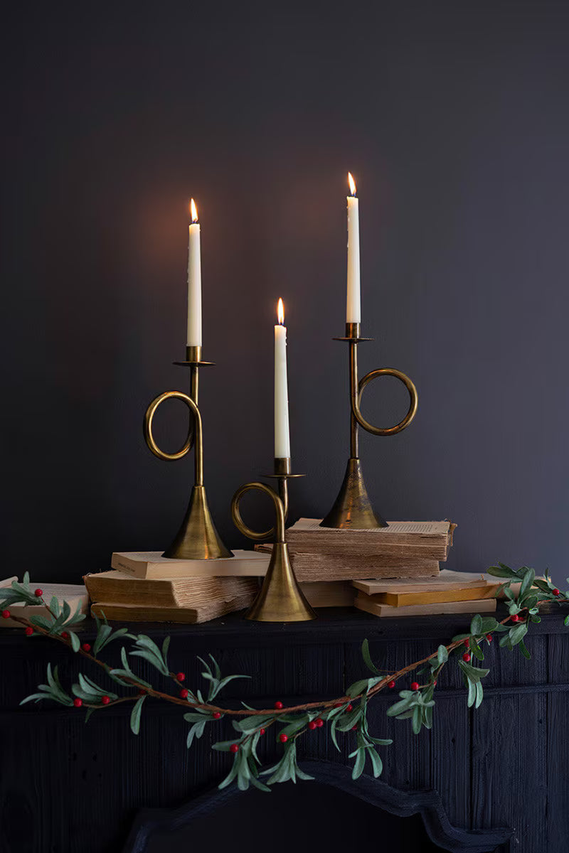 S/3 Antique Brass Trumpet Taper Candle Holders