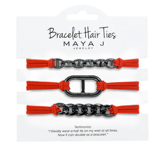 Bracelet Hair Tie - Red Elastic Cord Gunmetal Links