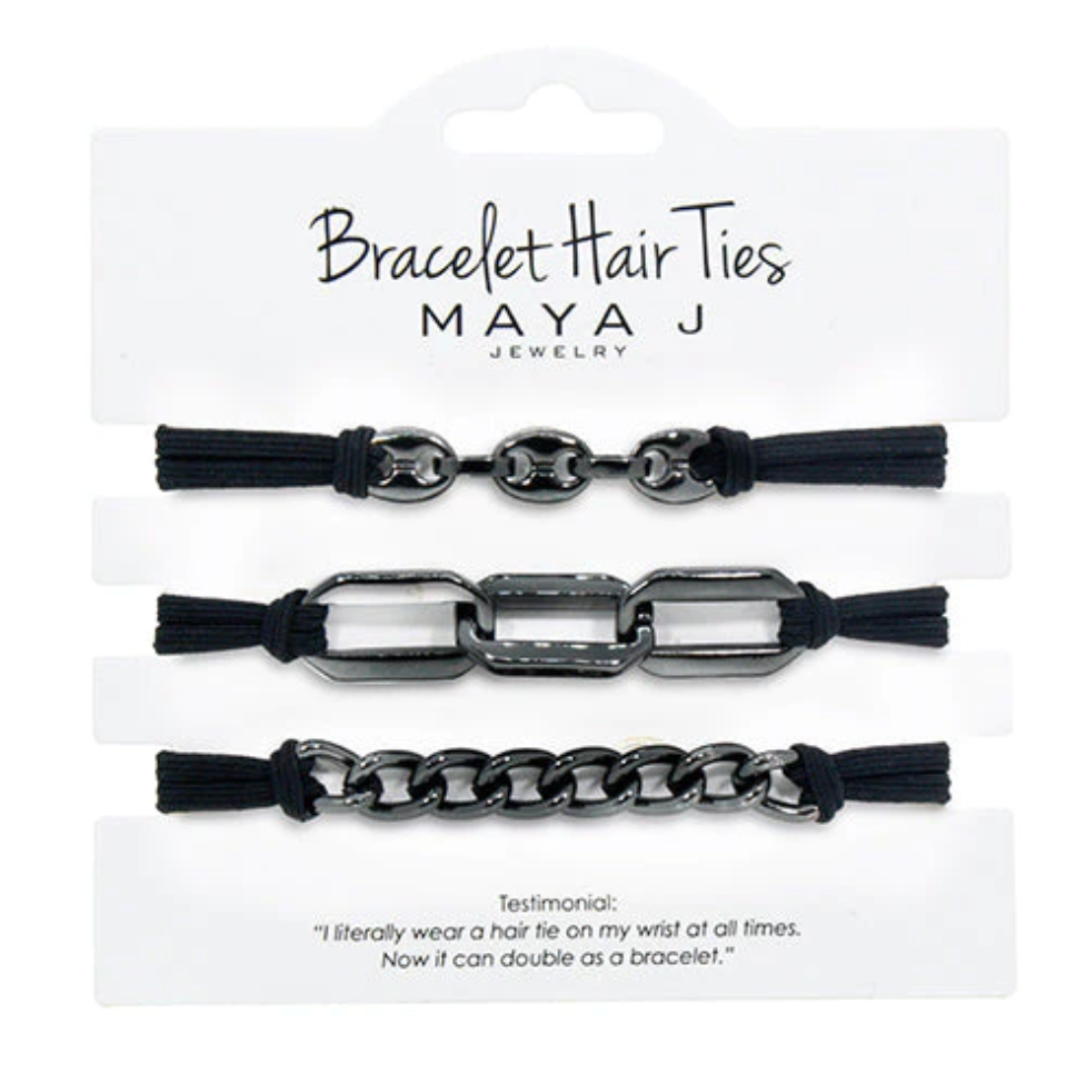 Bracelet Hair Tie - Black Elastic Cord Gunmetal Links