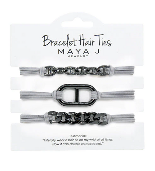 Bracelet Hair Tie - Grey Elastic Cord Gunmetal Links