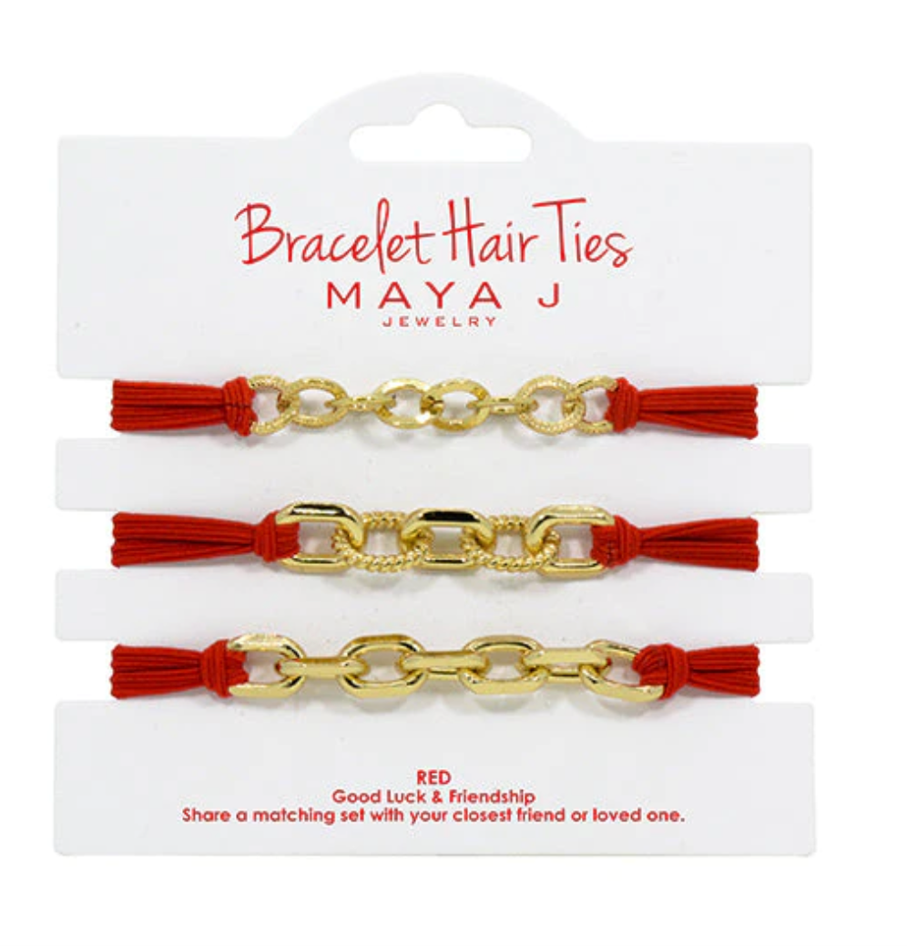 Bracelet Hair Tie - Red Elastic Cord Gold Links