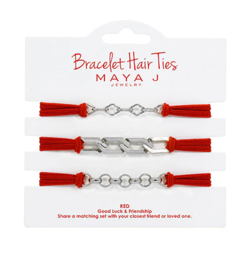 Bracelet Hair Tie - Red Elastic Cord Silver Links