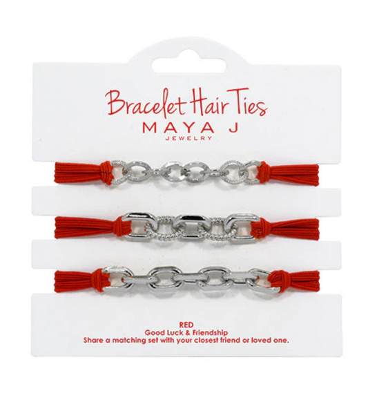 Bracelet Hair Tie - Red Elastic Cord Silver Links