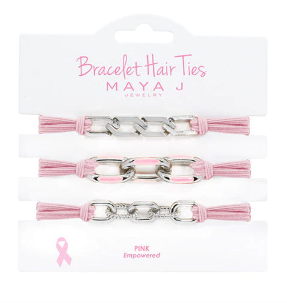 Bracelet Hair Tie - Pink Elastic Cord Silver & Pink Links