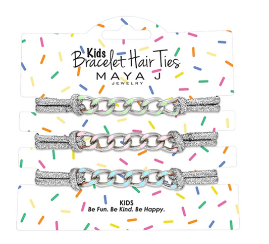Kids Bracelet Hair Tie - Silver Elastic Cord Silver & Enamel Links