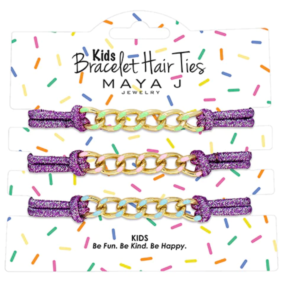 Kids Bracelet Hair Tie - Purple Elastic Cord Gold & Enamel Links