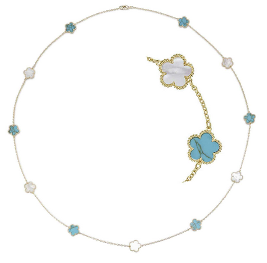 36" Mother of Pearl & Turquoise Gold Clovers Necklace
