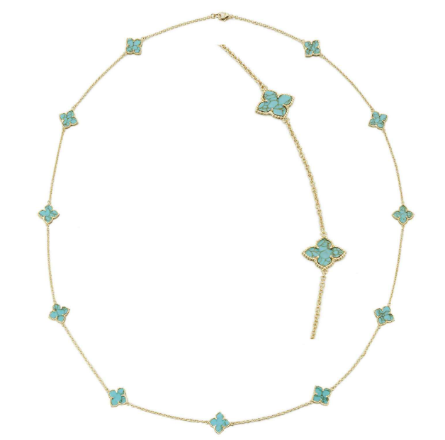 36" Turquoise Gold Pointy Clovers Necklace