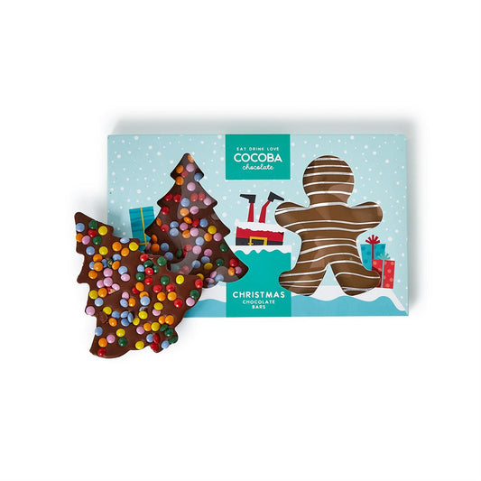 Cocoba Chocolate Bar Set Includes Milk Chocolate Gingerbread Man and Milk Chocolate Christmas Tree in Gift Box