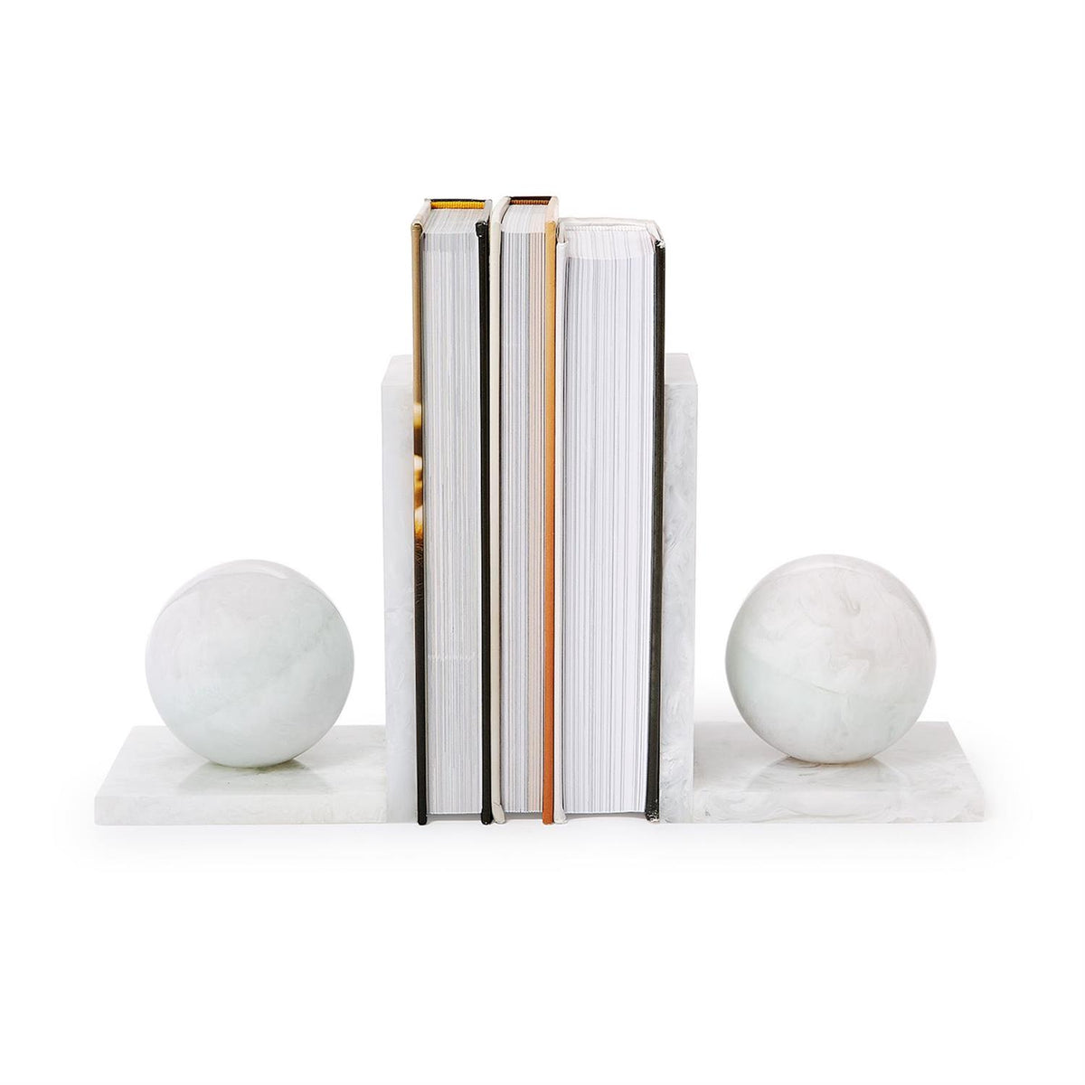 White marble sphere bookends, set of 2