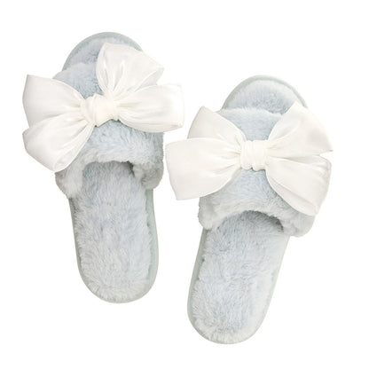 Light Blue White Bow Plush Slippers